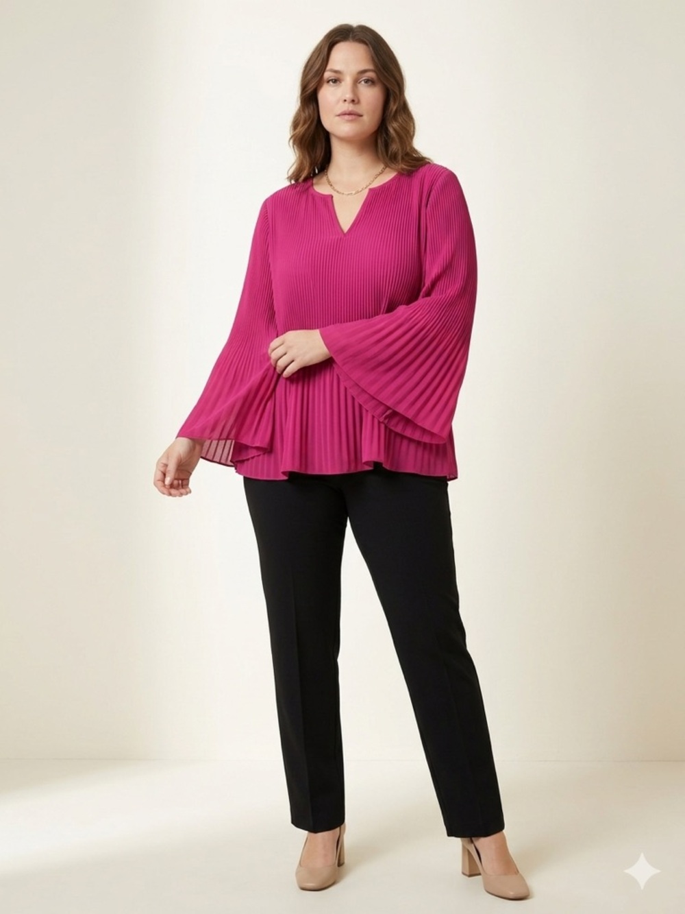J. Jill Weaver Collection Pleated Bell Sleeve Blouse - Magenta Purple - Large